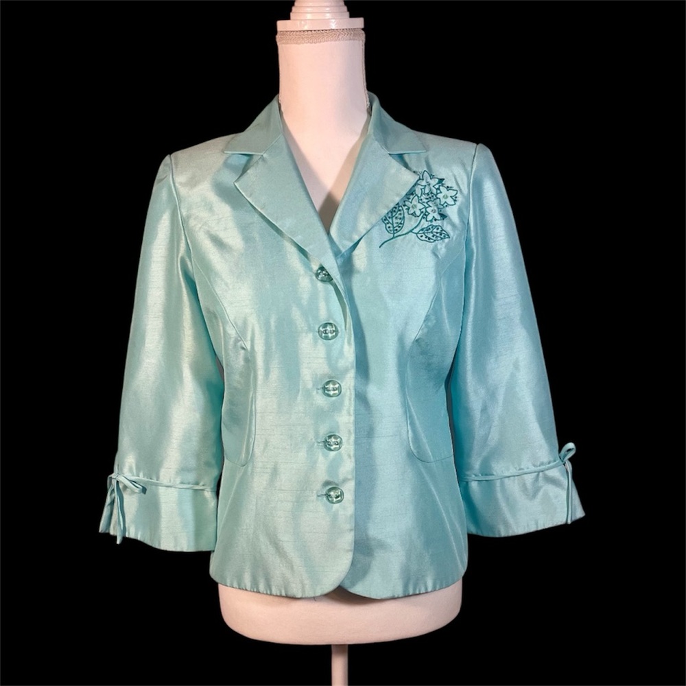 Vintage Powder Blue Satin Blazer with Floral Embroidery